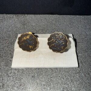 Vintage Amita Japan Damascene Inlaid Screwback Earrings
